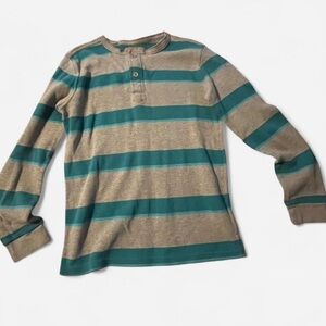 Red Camel Turquoise & Grey Striped Long Sleeve Henley Shirt, EUC